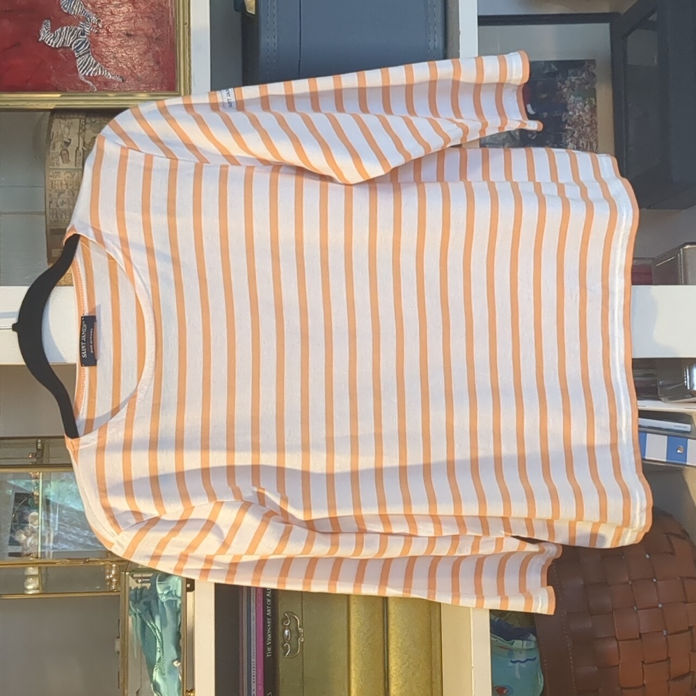 Saint James Peach and White Striped 3/4 Sleeve Tee Shirt with Bateau Neckline